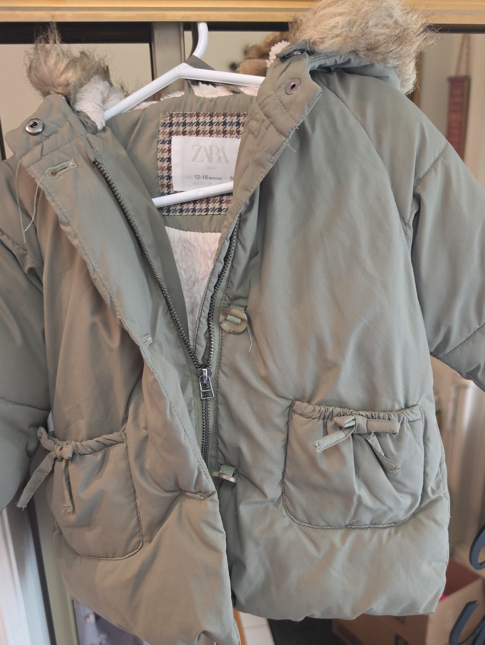 ZARA Kids Hooded Puffer Coat in Sage Green